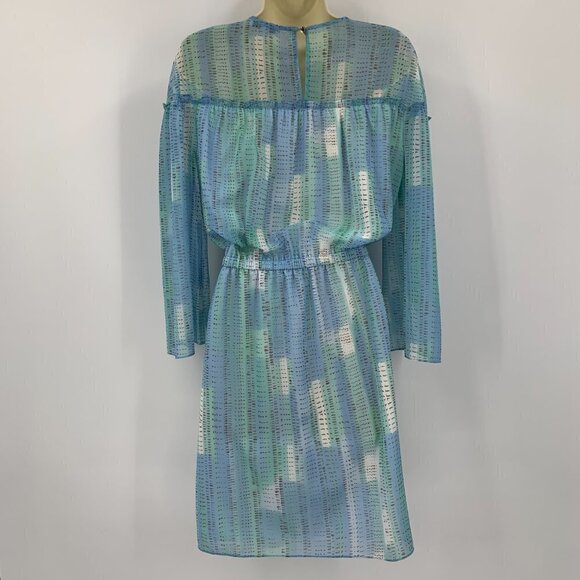 H Halston chiffon shift dress blue green pastel wide sleeves flowy white Small - Picture 3 of 4